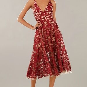 Blair Fit n Flair Dress the Population Red A-line Midi Dress V-neck Sleeveless